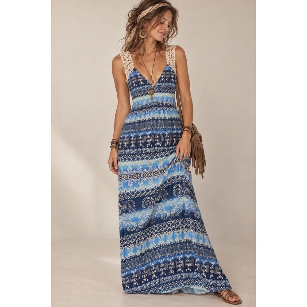 POOF Women’s Small Blue Boho Maxi Dress Crochet Lace Back Paisley Print